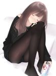  1girl ama_mitsuki ass black_shorts black_sweater bra_strap brown_hair brown_legwear can closed_eyes commentary_request facing_viewer fine_fabric_emphasis holding holding_can knees_up long_hair long_sleeves no_shoes original pantyhose parted_lips short_shorts shorts sitting sleeping solo sweater 