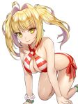  1girl ahoge all_fours arched_back bangs bead_bracelet beads bikini bracelet breasts cleavage closed_mouth collarbone earrings eyebrows_visible_through_hair fate/grand_order fate_(series) ganik green_eyes hair_intakes jewelry large_breasts long_hair looking_at_viewer nero_claudius_(swimsuit_caster)_(fate) red_bikini simple_background solo striped striped_bikini swimsuit tsurime twintails white_background 