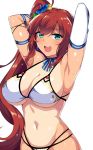  1girl aqua_eyes armpits arms_up bikini blush brave_girl_ravens breasts brown_hair character_request cleavage elbow_gloves gloves hair_ornament horosuke_(toot08) large_breasts long_hair looking_at_viewer navel one-piece_tan open_mouth side_ponytail sidelocks simple_background single_glove smile solo swimsuit tan tanline white_background white_bikini white_gloves 