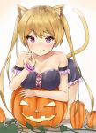 1girl :q animal_ears arm_rest armband bangs bare_shoulders bent_over black_dress blonde_hair blush cat_ears cat_girl cat_tail closed_mouth collarbone commentary_request dress eyebrows_visible_through_hair frilled_dress frills highres index_finger_raised jack-o&#039;-lantern kneeling long_hair looking_at_viewer original plant pumpkin racchi. simple_background smile solo tail tongue tongue_out tsurime twintails very_long_hair vines violet_eyes white_background wrist_cuffs 