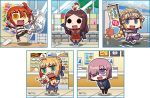  5girls ahoge artoria_pendragon_(all) bag bird blonde_hair blue_eyes brown_hair cash_register chibi chicken fate/grand_order fate_(series) flag fujimaru_ritsuka_(female) glasses lawson leonardo_da_vinci_(fate/grand_order) multiple_girls on_head orange_hair plastic_bag purple_hair riyo_(lyomsnpmp) ruler_(fate/apocrypha) saber sharp_teeth shielder_(fate/grand_order) swinging tears teeth violet_eyes yellow_eyes 