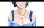  1girl bare_shoulders blue_sweater breasts cleavage collarbone earrings hayami_kanade head_out_of_frame idolmaster idolmaster_cinderella_girls jewelry large_breasts letterboxed lips mp893 necklace off-shoulder_sweater parted_lips pendant short_hair simple_background smile solo stud_earrings sweater white_background 