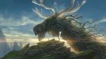  1boy antlers blue_sky cliff clouds cloudy_sky commentary_request day fantasy monster mountain original outdoors scenery sky standing you_shimizu 