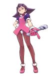  1girl aosa_(momikin) breasts brown_hair crotch_plate earrings gloves green_eyes hair_slicked_back hairband jewelry pantyhose pink_hairband rockman rockman_dash short_hair solo tron_bonne 