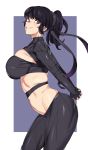  1girl black_eyes black_hair breasts bursting_breasts highres large_breasts leaning_forward long_hair looking_at_viewer navel parted_lips ponytail smile solo standing urec 
