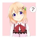  1girl ? bangs blush bow bowtie breasts buttons closed_mouth collared_shirt eyebrows_visible_through_hair gochuumon_wa_usagi_desu_ka? hair_between_eyes hair_ornament hairclip head_tilt hoto_cocoa looking_at_viewer lunatic. orange_hair pink_background pink_vest portrait red_neckwear shirt short_hair small_breasts smile solo speech_bubble spoken_question_mark violet_eyes wing_collar 