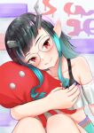  1girl alternate_costume bangs bespectacled black_bra black_hair blue_hair blush bra breasts closed_mouth commentary_request crop_top demon_girl demon_horns fang fang_out feet_out_of_frame glasses head_tilt highres horns long_hair looking_at_viewer multicolored_hair nail_polish object_hug off-shoulder_shirt off_shoulder pink_nails pointy_ears purple_nails red_eyes shirt shishio_chris small_breasts smile solo solokitsune sugar_lyric two-tone_hair underwear virtual_youtuber white_shirt 
