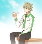  1boy ahoge aircraft airplane bench black_pants clouds cloudy_sky commentary_request eyebrows_visible_through_hair green_eyes green_hair hair_between_eyes highres holding idolmaster idolmaster_side-m kashiwagi_tsubasa long_sleeves male_focus model necktie pants pito_(sh02327) shirt short_hair sky smile watch watch 