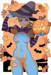  1girl blonde_hair blue_eyes bodysuit breasts halloween hat highres long_hair looking_at_viewer metroid ponytail samus_aran simple_background smile solo splashbrush super_smash_bros. witch_hat zero_suit 