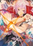  1boy bracelet cape commentary_request crossed_arms fate/grand_order fate_(series) high_collar jewelry kibadori_rue looking_afar looking_away male_focus moses_(fate/prototype_fragments) parted_lips pink_eyes pink_hair red_cape solo sparks standing 