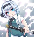  &gt;:o 1girl :o ascot bangs blue_eyes blunt_bangs bob_cut collared_shirt green_vest hair_ribbon hairband holding holding_sword holding_weapon katana konpaku_youmu looking_at_viewer parted_lips puffy_short_sleeves puffy_sleeves ribbon shirt short_hair short_sleeves silver_hair solo sword touhou upper_body uumaru vest weapon white_shirt 