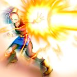  1girl android_18 belt black_legwear blonde_hair blue_eyes boots clenched_hand dragon_ball earrings energy_beam eply jewelry pantyhose shirt short_hair skirt solo torn_clothes torn_pantyhose torn_shirt torn_skirt 