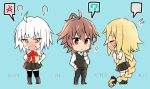  1boy 2girls :d ahoge black_legwear black_pants black_shirt black_skirt blonde_hair blue_background blush braid chibi closed_eyes commentary_request couple dress embarrassed eyebrows_visible_through_hair fate/apocrypha fate/grand_order fate_(series) grey_hair hair_ribbon highres jeanne_alter long_braid long_hair multiple_girls necktie nyorotono open_mouth pants red_eyes ribbon ruler_(fate/apocrypha) scared shirt short_hair shy sieg_(fate/apocrypha) silver_hair simple_background single_braid skirt smile sweat thigh-highs very_long_hair waistcoat white_legwear white_shirt yellow 