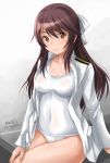  1girl artist_name brave_witches brown_eyes brown_hair cowboy_shot hair_ribbon haruhata_mutsuki karibuchi_takami lips long_hair looking_at_viewer military military_uniform naval_uniform ribbon school_swimsuit sitting smile solo swimsuit swimsuit_under_clothes twitter_username uniform white_ribbon white_school_swimsuit white_swimsuit world_witches_series 