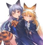  2girls alternate_costume animal_ears bandage bandaged_head bangs black_gloves black_hair blonde_hair bow bowtie breasts closed_mouth ezo_red_fox_(kemono_friends) fox_ears gloves halloween_costume heterochromia kemono_friends long_hair looking_at_viewer multicolored_hair multiple_girls orange_eyes orange_legwear orange_neckwear pepeto_(cocoyuzumugi) red_eyes silver_fox_(kemono_friends) silver_hair simple_background smile striped striped_legwear thigh-highs two-tone_hair white_background white_neckwear 