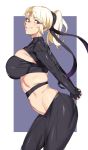  1girl :d black_gloves black_pants blonde_hair blush breasts brown_eyes cowboy_shot eyebrows_visible_through_hair fingerless_gloves gloves grin highres large_breasts leaning_forward long_hair looking_at_viewer looking_to_the_side navel open_mouth own_hands_together pants pointy_nose ponytail purple_background skindentation smile solo standing teeth tight tight_pants tsurime two-tone_background urec 