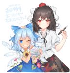 (9) 2girls black_hair black_ribbon black_skirt blue_bow blue_dress blue_eyes blue_hair blush bow cirno collared_shirt commentary dated dress flower fountain_pen frilled_sleeves frills grin hair_between_eyes hair_bow hajin hand_on_another&#039;s_head hat height_difference ice ice_wings leaf leaf_print looking_at_viewer morning_glory multiple_girls neck_ribbon one_eye_closed pen pom_pom_(clothes) puffy_short_sleeves puffy_sleeves purple_flower red_eyes red_flower red_hat ribbon shameimaru_aya shirt short_sleeves skirt smile sunflower tan tanned_cirno tokin_hat touhou white_background white_shirt wings 