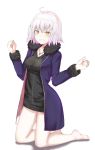  1girl ahoge bare_arms barefoot black_dress blush breasts clenched_hands clenched_teeth dress eyebrows_visible_through_hair fate/grand_order fate_(series) full_body fur-trimmed_sleeves fur_collar fur_trim furrowed_eyebrows gradient_hair highres jacket jeanne_alter jewelry kneeling long_sleeves looking_at_viewer medium_breasts multicolored_hair navel necklace nenosame open_clothes open_jacket open_mouth pendant pink_hair purple_jacket ruler_(fate/apocrypha) short_dress short_hair silver_hair simple_background solo teeth white_background yellow_eyes 