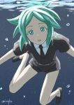  afloat androgynous bangs black_footwear black_shirt black_shorts bubble commentary_request green_eyes green_hair houseki_no_kuni looking_at_viewer no_socks parted_bangs parted_lips phosphophyllite shirt short_shorts short_sleeves shorts signature solo umiroku underwater 