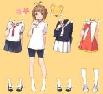  1girl bike_shorts black_shirt blush brown_hair card_captor_sakura dress-up eyebrows_visible_through_hair full_body green_eyes kero kinomoto_sakura kisekae looking_at_viewer neckerchief pleated_skirt pop_kyun school_uniform serafuku shirt shoes short_hair skirt socks tomoeda_elementary_school_uniform 