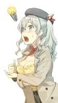  1girl ascot blue_eyes breasts cleavage eyebrows_visible_through_hair hair_between_eyes hat highres jacket kantai_collection kashima_(kantai_collection) large_breasts light_bulb nonco open_clothes open_jacket open_mouth sidelocks simple_background solo sweatdrop twintails white_background 