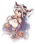  1girl 2017 antenna_hair arm_grab artist_name bandage bandaged_arm bandaged_head black_gloves bloody_bandages blush bow breasts brown_hair danua doll doraf eyebrows_visible_through_hair fingerless_gloves from_above gloves granblue_fantasy gretel_(granblue_fantasy) hair_between_eyes halloween hansel_(granblue_fantasy) horn_ornament horns jack-o&#039;-lantern large_breasts long_hair open_mouth pointy_ears red_eyes senasky star thumb_to_mouth upper_body white_background 
