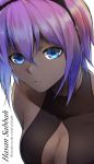  1girl assassin_(fate/prototype_fragments) bare_shoulders blue_eyes blue_hair breasts character_name cleavage dark_skin fate/prototype fate/prototype:_fragments_of_blue_and_silver fate_(series) gradient_hair hairband highres looking_at_viewer medium_breasts multicolored_hair purple_hair short_hair shunga_(shun608) sketch solo white_background 