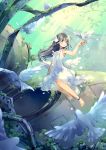  1girl anklet bangs bare_arms bare_shoulders barefoot bird black_hair blue_eyes blush branch closed_mouth commentary_request dappled_sunlight day dress jewelry kuga_tsukasa long_hair looking_at_viewer original outdoors ruins science_fiction sitting sundress sunlight 