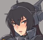  1girl armor black_hair blush bright_pupils eyebrows_visible_through_hair face grey_background hair_between_eyes headgear kantai_collection long_hair looking_at_viewer mikoyan nagato_(kantai_collection) parted_lips portrait red_eyes solo sweat 