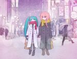  2girls aqua_hair bag blush boots christmas closed_eyes hatsune_miku highres holding_hands megurine_luka multiple_girls pink_hair red_scarf road scarf smile snow street twintails user_pwyk5374 vocaloid yellow_scarf yuri 