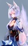  1girl animal_ears azur_lane bangs blue_eyes breasts cleavage cowboy_shot fox_ears fox_tail japanese_clothes kaga_(azur_lane) large_breasts looking_at_viewer multiple_tails parted_lips short_hair smile solo suisai tail white_hair 
