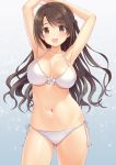  1girl :d armpits arms_up bikini breasts brown_eyes brown_hair contrapposto cowboy_shot eyebrows_visible_through_hair gluteal_fold gradient gradient_background highres idolmaster idolmaster_cinderella_girls large_breasts long_hair n.g. navel one_side_up open_mouth shimamura_uzuki side-tie_bikini simple_background smile solo sparkle swimsuit white_bikini 