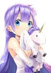  1girl azur_lane blue_eyes choker commentary_request covering_mouth detached_sleeves doll_hug dress long_hair looking_at_viewer purple_hair shitou_(1992116210) solo stuffed_animal stuffed_toy stuffed_unicorn unicorn_(azur_lane) white_dress 