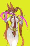  1girl ahoge animal_ears bangs bare_arms bare_shoulders breasts breasts_apart brown_hair choker commentary cowboy_shot fingernails fox_ears grin hair_between_eyes holding kibadori_rue large_breasts long_hair necktie red_eyes revealing_clothes scp-953 scp_foundation sharp_fingernails simple_background smile solo standing thigh_gap twintails very_long_hair yellow_background 