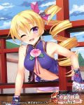  1girl blonde_hair breasts character_request cleavage copyright_name curly_hair koihime_musou leaning_forward long_hair navel official_art one_eye_closed open_clothes open_mouth open_shirt pochadon ribbon shirt shorts side_ponytail sleeveless sleeveless_shirt smile solo violet_eyes wrist_cuffs 