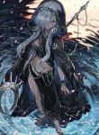  anklet bandeau barefoot bracelet breasts cape chains contrapposto earrings feet grey_eyes hair_ornament hood jewelry long_hair midriff navel ran_(pixiv2957827) silver_hair small_breasts staff strapless tubetop water 