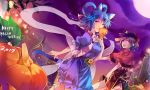  2017 2girls :d animal_ears beret black_hair blue_dress blue_eyes blue_hair brown_eyes cat_ears cat_tail closed_mouth cowboy_shot dress flower hagoromo hair_ornament hair_rings hair_stick halloween happy_halloween hat jack-o&#039;-lantern jiangshi kaku_seiga kemonomimi_mode kutsuki_kai looking_at_viewer miyako_yoshika multiple_girls night ofuda open_clothes open_mouth open_vest outstretched_arms puffy_short_sleeves puffy_sleeves shawl short_sleeves smile tail touhou vest zombie_pose 