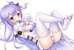 1girl 2drr ahoge ass azur_lane commentary_request detached_sleeves doll_hug dress hair_ribbon highres long_hair looking_at_viewer lying one_side_up panties pantyshot pantyshot_(lying) purple_hair ribbon simple_background solo stuffed_animal stuffed_toy stuffed_unicorn thigh-highs underwear unicorn_(azur_lane) violet_eyes white_background white_dress white_legwear white_panties 