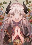  1girl :d ahoge commentary_request fan fate/grand_order fate_(series) flower hands_clasped horns japanese_clothes kawacy kimono kiyohime_(fate/grand_order) open_mouth smile solo upper_body white_hair yellow_eyes 