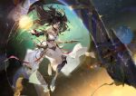  asymmetrical_legwear bangs bare_shoulders barefoot blue_legwear breasts brown_hair commentary_request fate/grand_order fate_(series) floating floating_hair glowing glowing_eyes hair_between_eyes heavenly_boat_maanna holding holding_weapon ishtar_(fate/grand_order) kneehighs light_particles looking_at_viewer magic medium_breasts navel outstretched_arm parted_lips pink_lips qmo_(chalsoma) red_eyes revealing_clothes single_kneehigh smile tohsaka_rin two_side_up weapon 