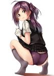  1girl :3 ahoge ass bangs black_skirt blush brown_eyes closed_mouth from_behind gloves grey_legwear hagikaze_(kantai_collection) highres kamelie kantai_collection kneehighs lifted_by_self long_hair looking_at_viewer looking_back one_side_up panties pleated_skirt purple_hair purple_panties shadow shirt short_sleeves sidelocks simple_background skirt skirt_lift solo squatting underwear vest wedgie white_background white_gloves white_shirt 