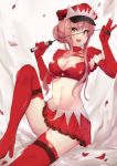  1girl :d ashino blush boots breasts choker cleavage crop_top elbow_gloves fate/grand_order fate_(series) gloves hat high_heel_boots high_heels highres looking_at_viewer medb_(fate/grand_order) medium_breasts navel open_mouth peaked_cap petals pink_hair red_eyes red_skirt riding_crop sitting skirt smile solo stomach thigh-highs thigh_boots yellow_eyes 