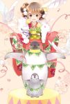  1girl :d bangs bird blush brown_eyes brown_hair chick commentary_request dove emperor_penguin floral_print happy_new_year japanese_clothes kimono kuga_tsukasa looking_at_viewer new_year obi open_mouth original penguin pink_background red_kimono sash smile standing tied_hair 