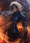  1girl ahoge armor armored_dress black_armor black_legwear embers fate/grand_order fate_(series) fire gauntlets glowing glowing_eyes highres jeanne_alter looking_at_viewer parted_lips polearm raikoart revision ruler_(fate/apocrypha) short_hair smile solo spear sword thigh-highs weapon yellow_eyes 