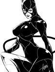  1girl animal_ears batman_(series) bodysuit breasts cat_ears catsuit catwoman commentary_request dc_comics falcoon large_breasts lipstick makeup monochrome skin_tight slender_waist solo whip 