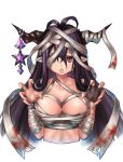  1girl bandage bandaged_head black_gloves bloody_bandages blush breasts claw_pose collarbone cropped_torso danua doraf fingerless_gloves gloves granblue_fantasy hair_between_eyes halloween horn_ornament horns large_breasts long_hair looking_at_viewer open_mouth pink_eyes pointy_ears purple_hair sahara_misaki simple_background solo star upper_body white_background 