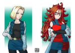 2girls android_18 android_21 artist_name black-framed_eyewear black_legwear black_nails blade_of_fury blonde_hair blue_eyes breast_hold breasts brown_hair crossed_arms curly_hair dated denim denim_skirt detached_sleeves dragon_ball dragon_ball_fighterz dress earrings eye_contact glasses hand_on_hip hoop_earrings jewelry labcoat large_breasts long_hair looking_at_another nail_polish pantyhose ring short_dress short_hair skirt solo striped_sleeves vest