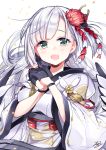  1girl :d artist_name azur_lane bangs black_gloves eyebrows_visible_through_hair flower gloves green_eyes hair_flower hair_ornament half_gloves highres japanese_clothes kanzashi kimono long_hair looking_at_viewer obi open_mouth own_hands_together partly_fingerless_gloves red_flower sash shoukaku_(azur_lane) signature silver_hair smile solo spider_lily tareme upper_body white_kimono wide_sleeves yukiko_(tesseract) 