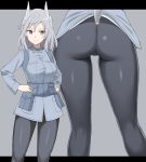  1girl animal_ears aurora_e_juutilainen bangs black_legwear closed_mouth commentary_request contrapposto glastonbury1966 grey_background hands_on_hips letterboxed light_smile long_sleeves military military_uniform multiple_views pantyhose pocket pouch silver_hair simple_background standing strike_witches tail uniform violet_eyes world_witches_series 