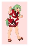  1girl :d animal_ears blush curly_hair fang green_eyes green_hair highres horn japanese_clothes kimono komano_aun long_hair looking_at_viewer nekolina open_mouth paw_pose sandals short_sleeves shorts smile solo tail toes touhou yukata 